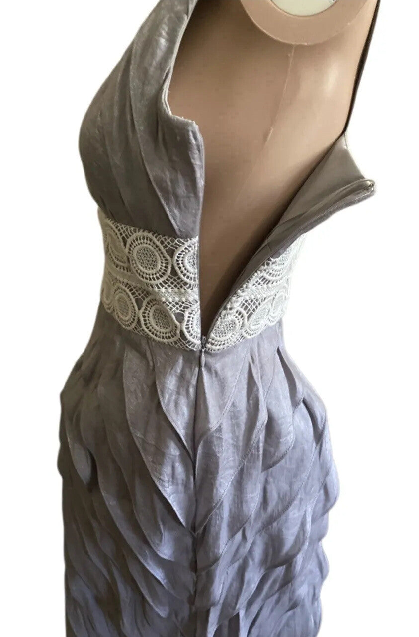 London Times Ruffle Sheath Dress Layered Sleeveless Silver Gray Side Zipper Sz 2