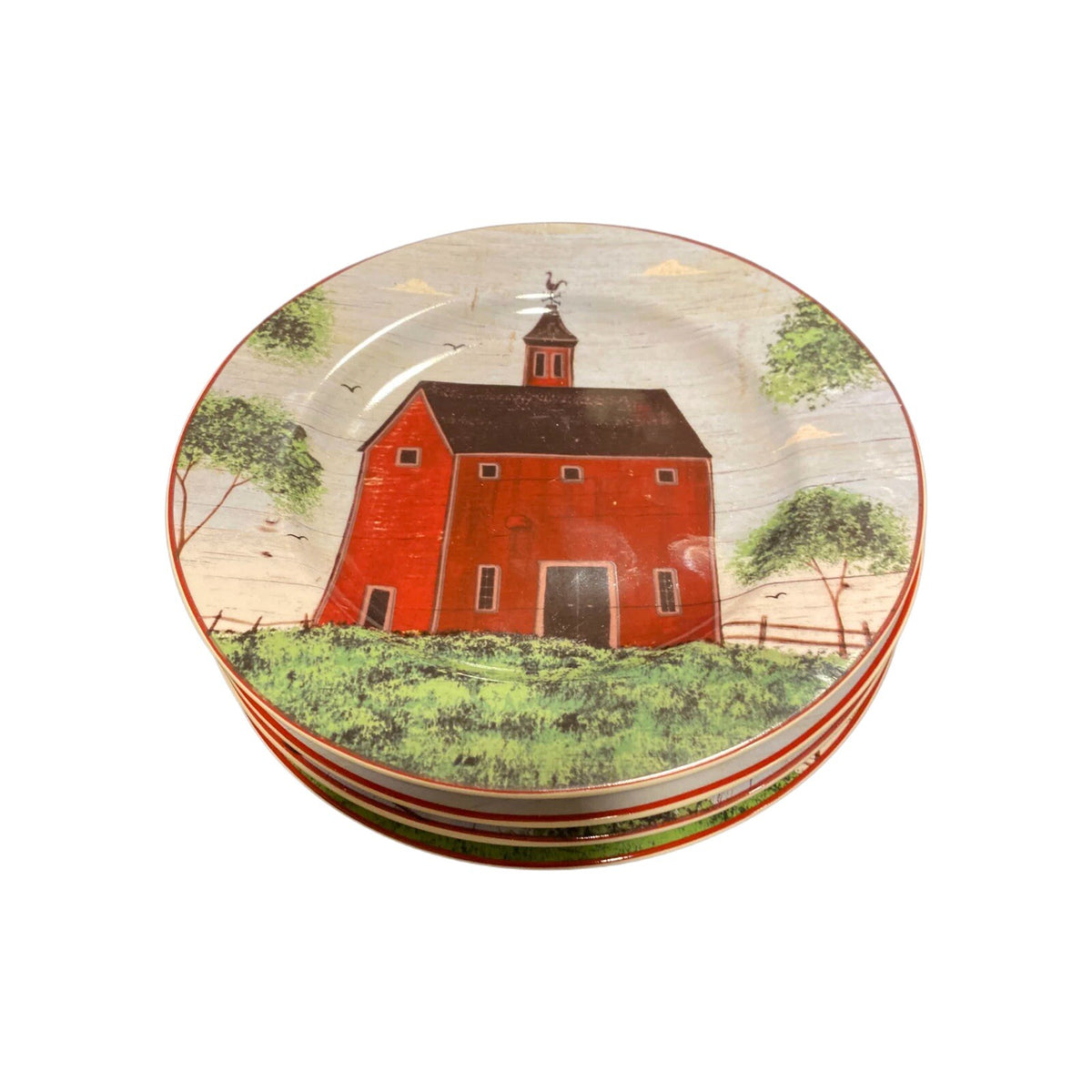 Sakura Warren Kimble BARNS 4 Salad Dessert Plates Country Farm Primitive Barn 8"