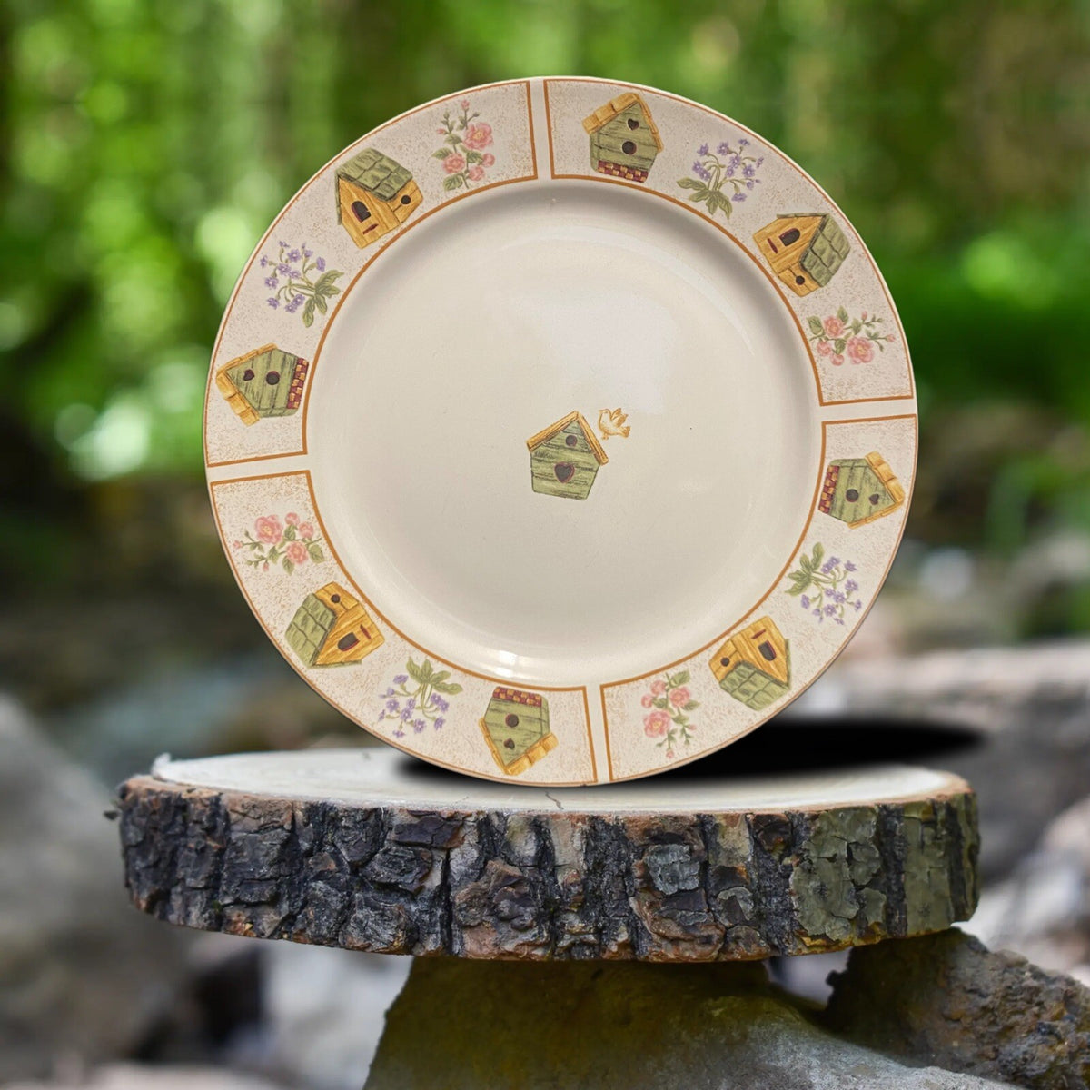 Gibson Designs AVIARA 5-Salad Plates Yellow Green Bird Houses Dessert 7 3/4" D