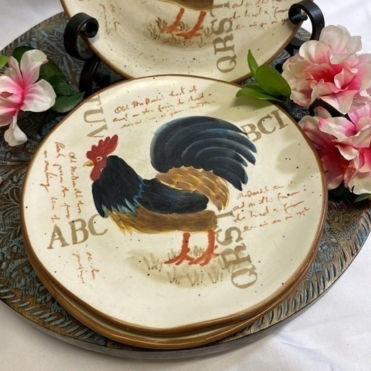 Vintage Rooster 4 Brown Beige Salad/Dessert Free Form Ceramic Plates 8 1/4”D