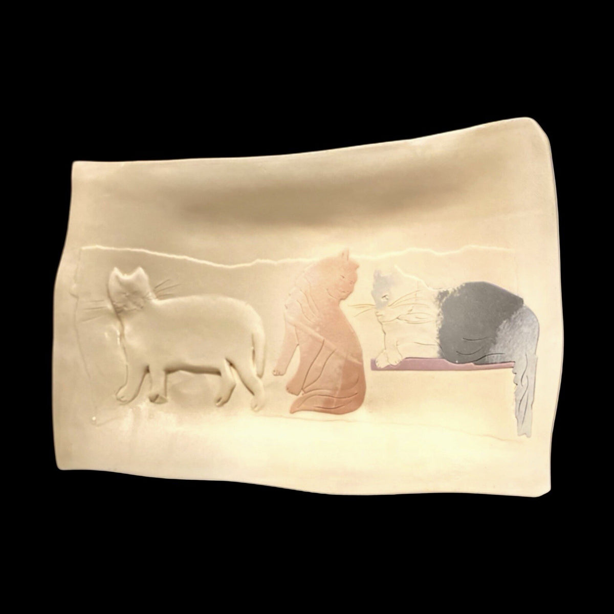Vintage Raised Cats Platter Signed KAMRASS KIOK Embossed Clay NYC Studio Pottery