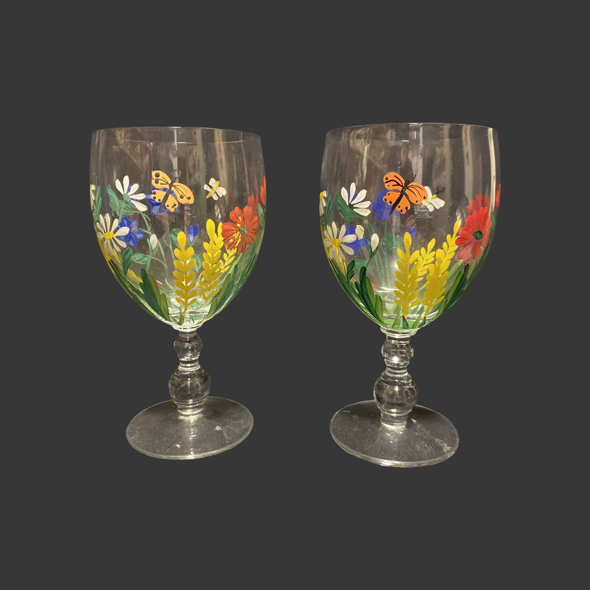 2-Hand Painted Wine Juice Water Cocktail Clear Glass Colorful Flowers Butterfly