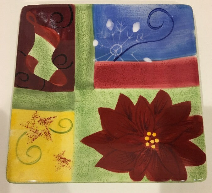 CORSICA HOME Holiday Quilt Hand-Painted Square Salad Dessert Plate 8 3/8"D