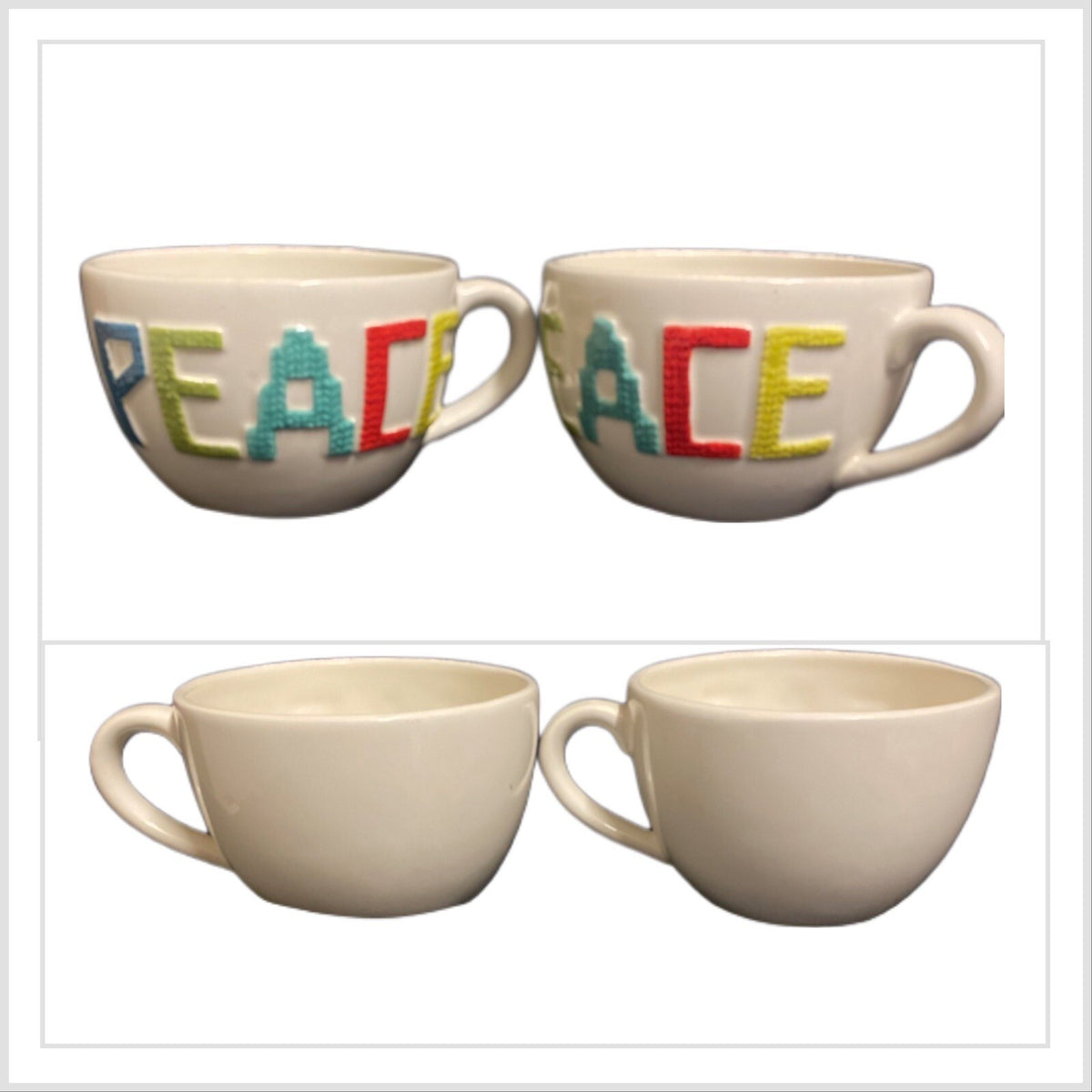 Threshold 2-Mugs PEACE Coffee Tea Stoneware Cream Café au lait Large Cup