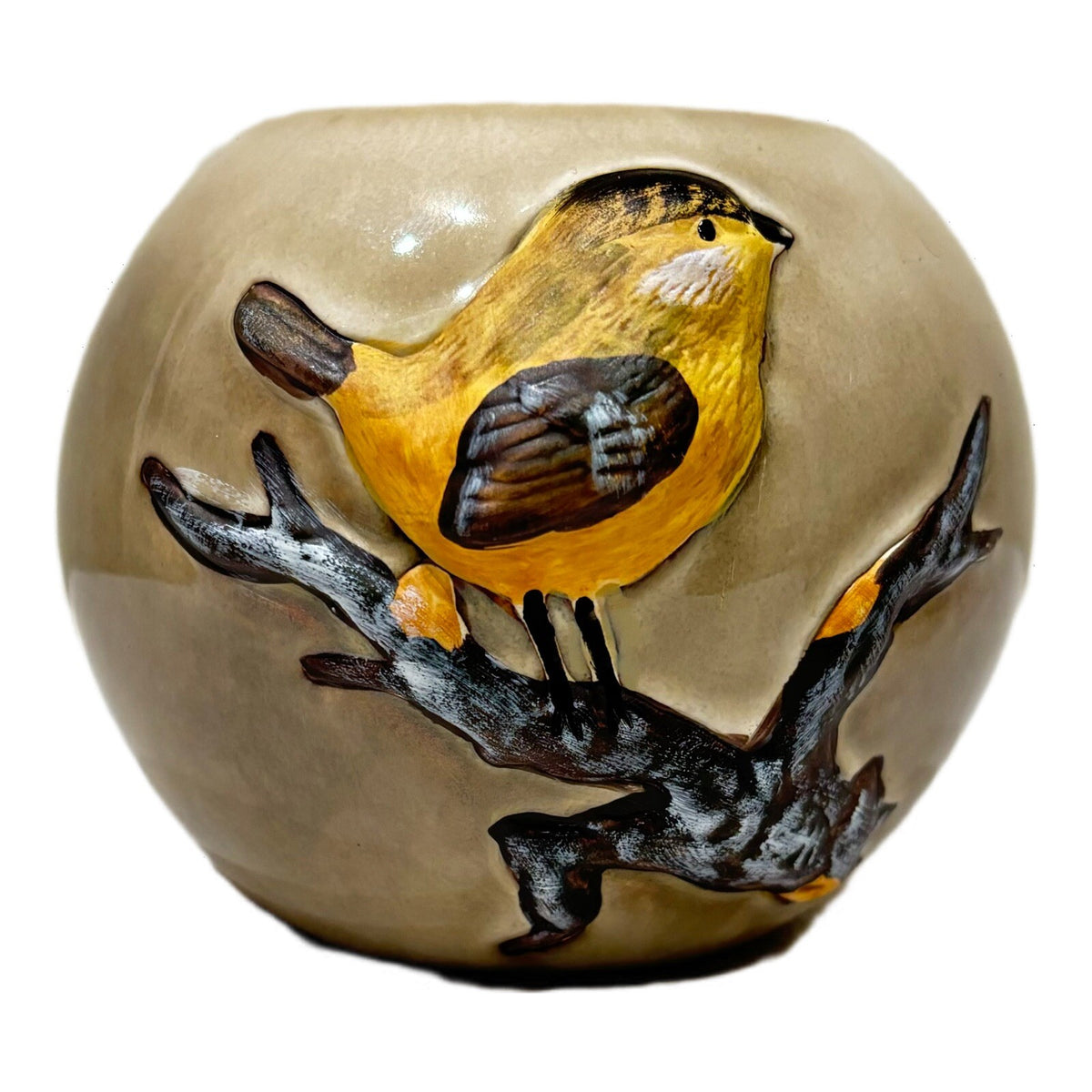 Art Pottery Tealight Candle Holder 3D Yellow Bird on Branch Round Ceramic No Lid