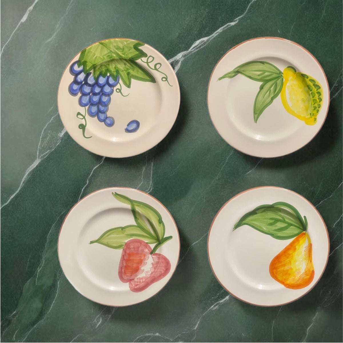 PRESENT TENSE 4-Dinner Plates ITALY Hand Painted Fruit Apple-Lemon-Grape-Pear