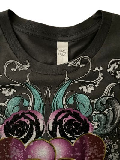 Next Level T-Shirt ABSTRACT Hearts & Flowers Graphic Neck Gray Tee MD Cotton Top