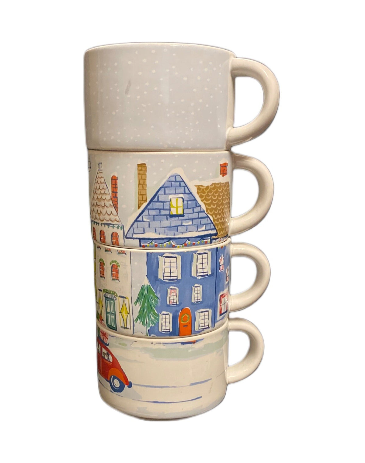 Pier 1 Imports Stackable Mugs Set of 4 Christmas Winter Village Scene w/ Stand