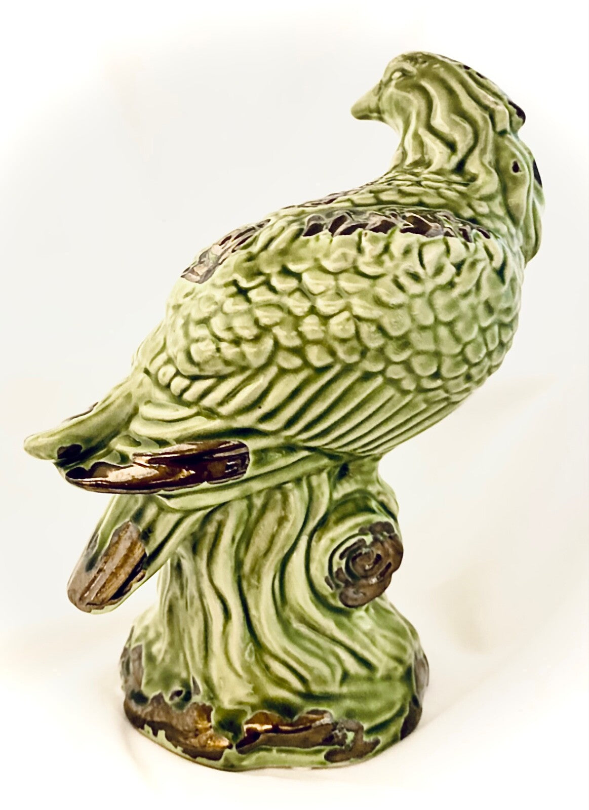 Rustic Green Ceramic Country Bird Perched on Branch Statue Home Decor Accent 10"