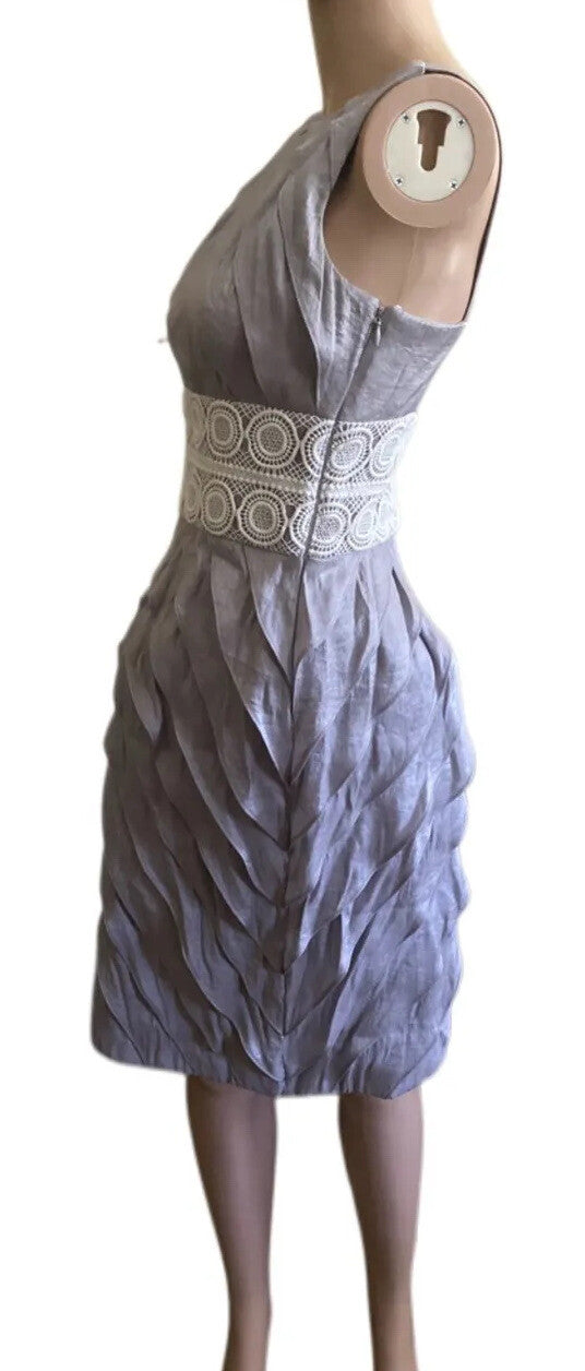 London Times Ruffle Sheath Dress Layered Sleeveless Silver Gray Side Zipper Sz 2
