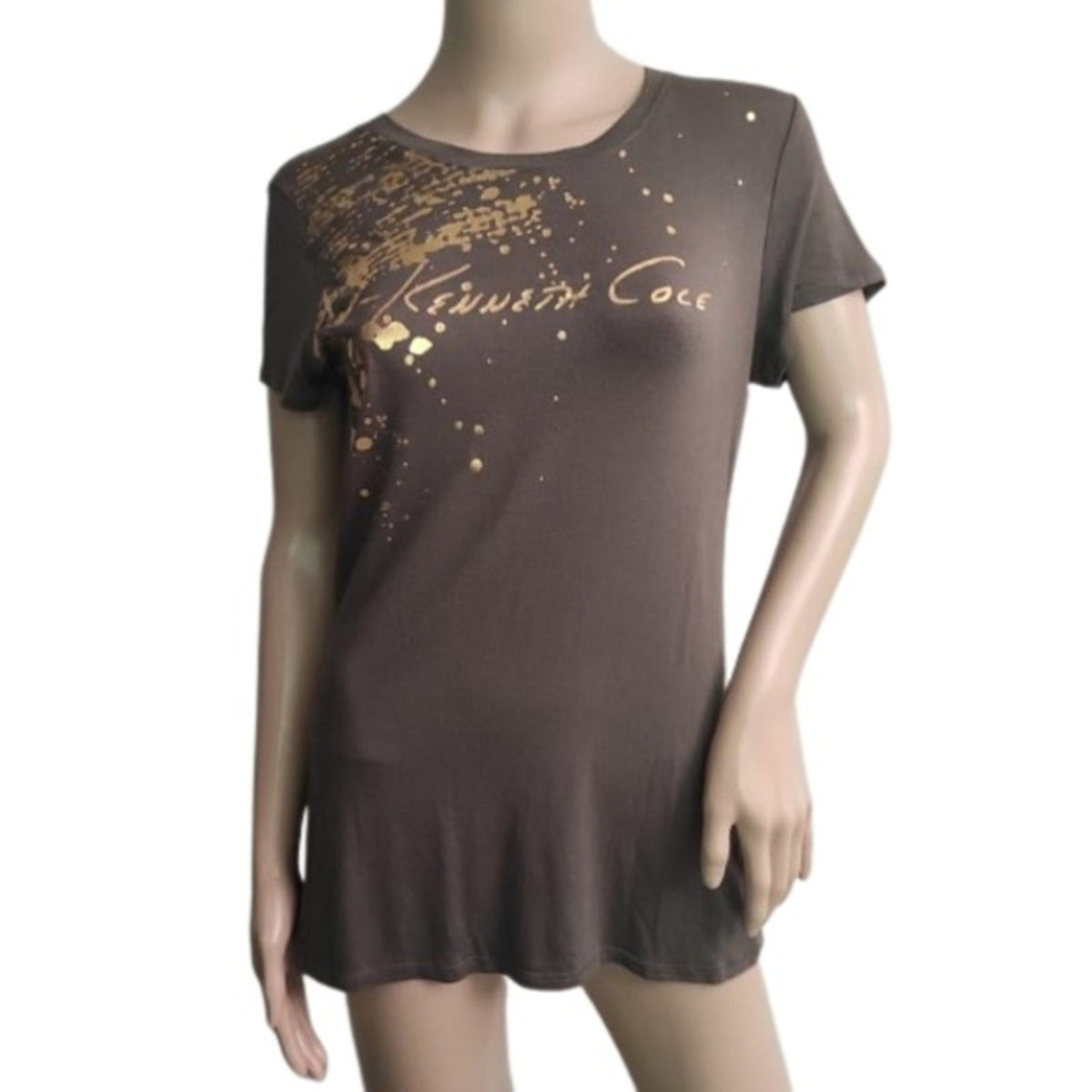 Kenneth Cole Women's T-Shirt Short Sleeves Green Gold Foil Graphic Scoop Neck MD