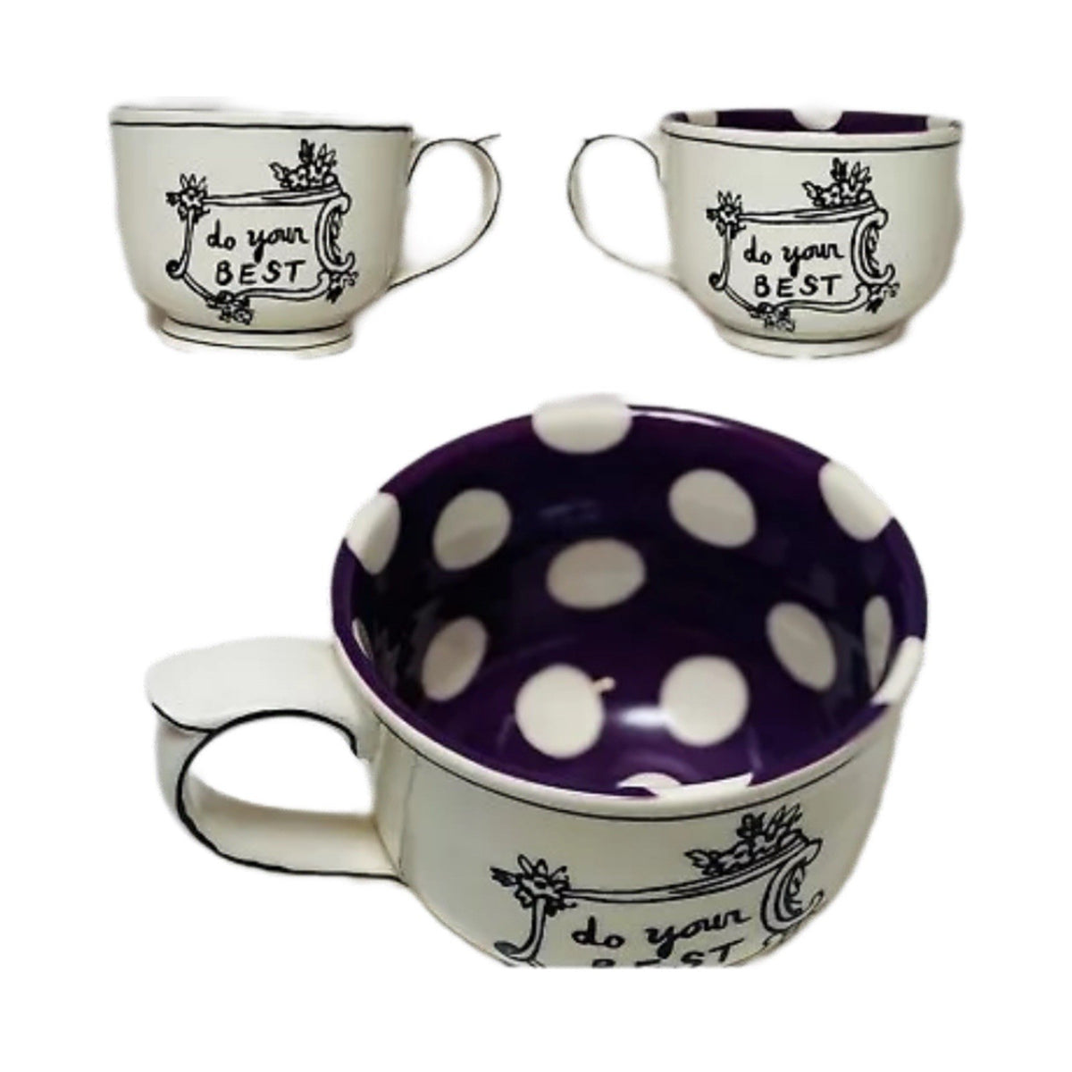 Anthropologie Molly Hatch “Do Your Best” 12 oz Mug Purple Polka Dot Coffee Cup