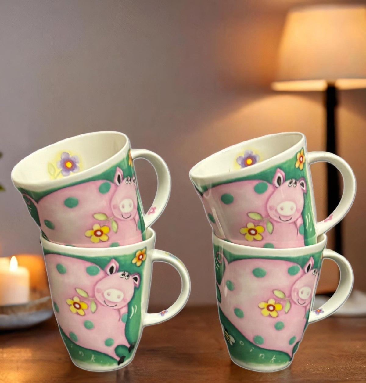 Roy Kirkham 4-Mugs COUNTRY CAPERS Farm Pig  Birds Floral OINK Bone China England