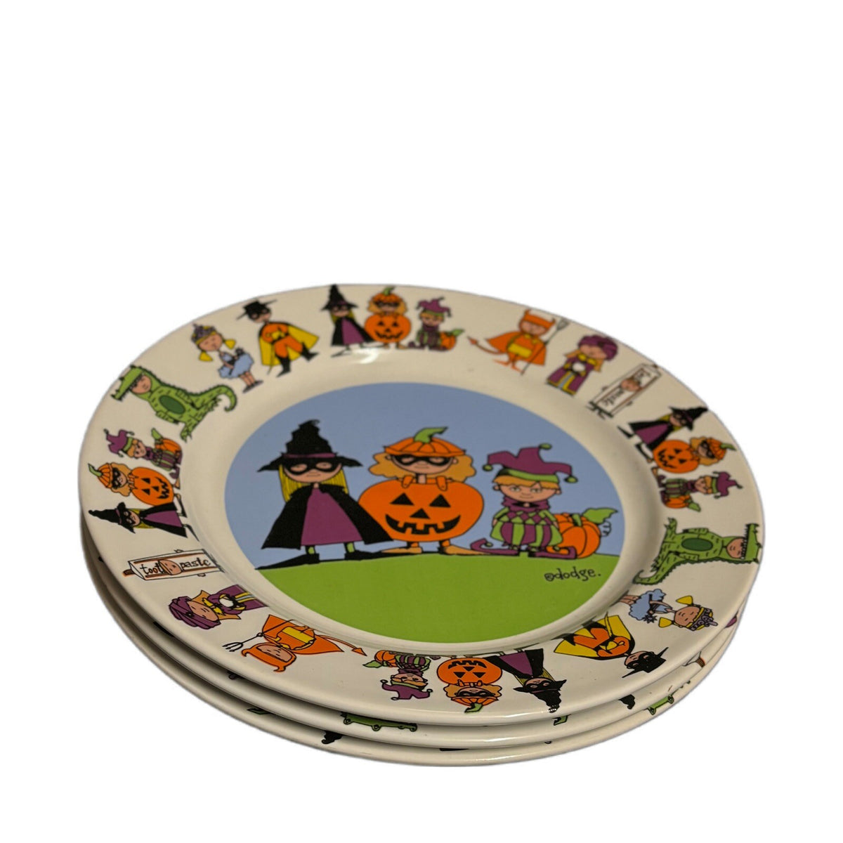 Ursula Dodge GOBLINS 3-Salad Plates Signature Halloween Ceramic Dessert Dish