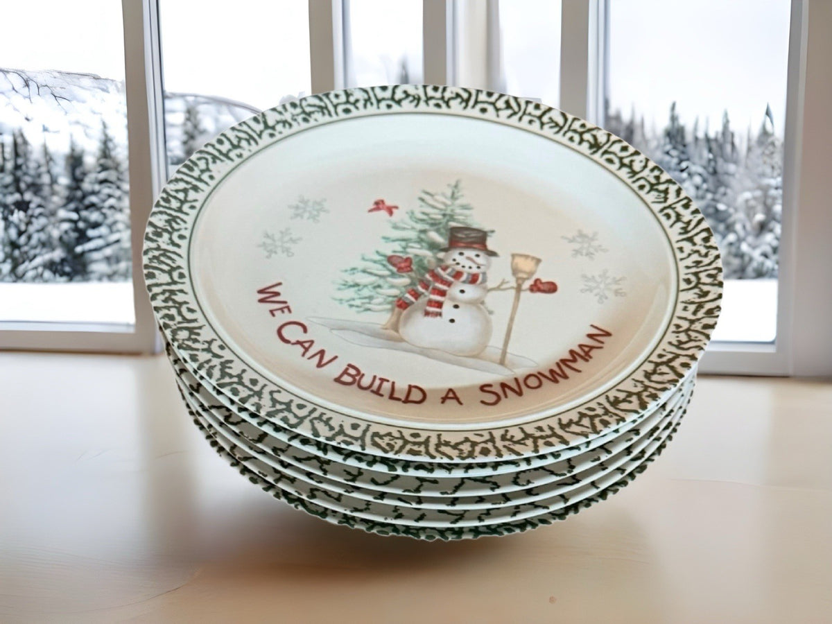 Vintage Christmas We Can Build A Snowman 6- Dinner Plates 1- Serving Platter