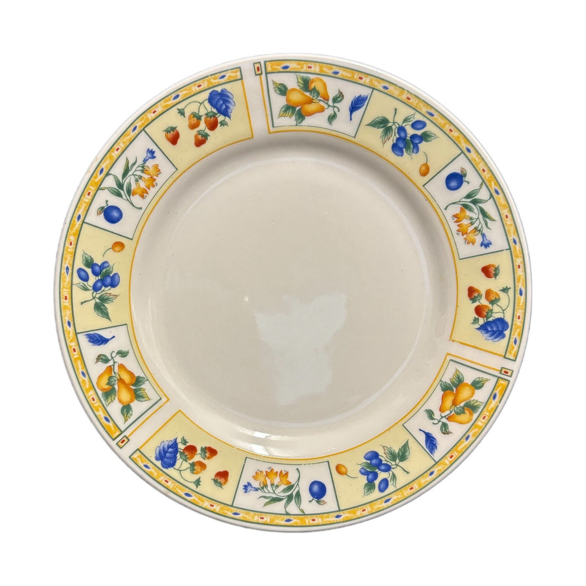 Gibson Designs FRUIT A PLENTY 4-Salad Plates Fruits Yellow Border Dessert Dish