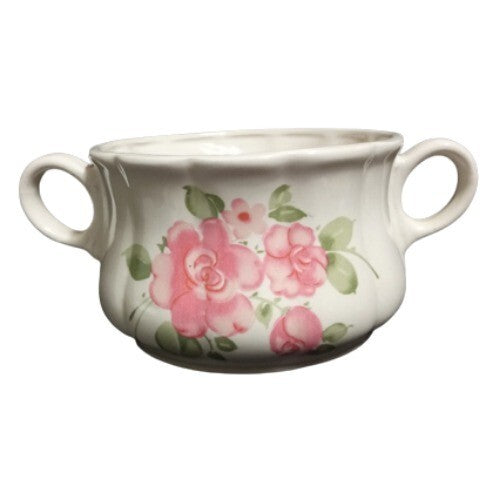 Gibson Designs ROSELAND 6-Soup Mugs 4 5/8" D Pink Roses Pink Trim Tan Cereal Cup
