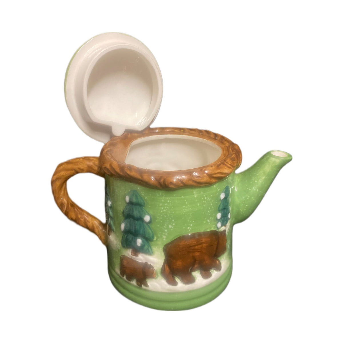 BICO 3D Holiday Teapot w/ 3 Mugs Moose Bear Pine Cone Lid Christmas Cabin Decor