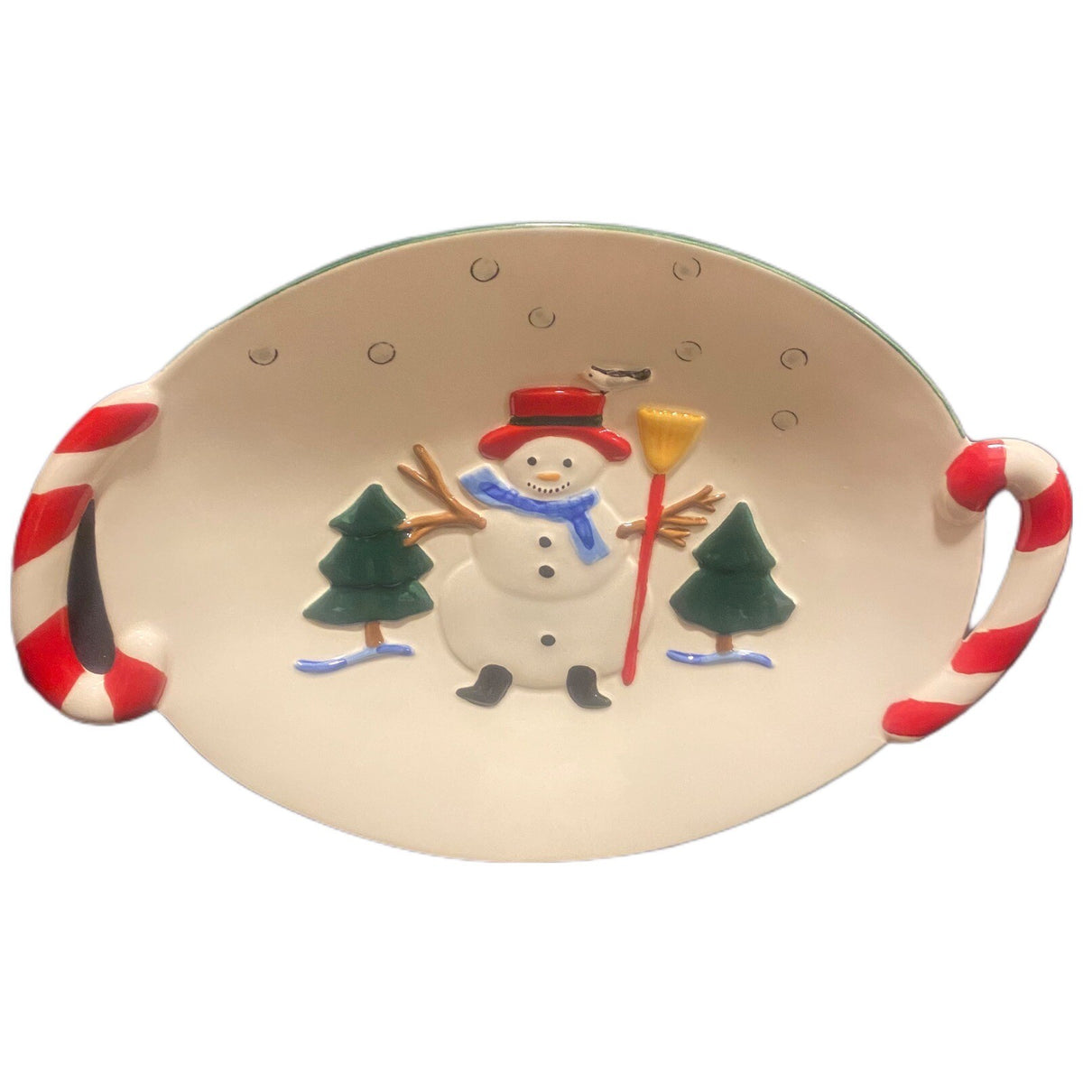 Vintage Pfaltzgraff Oval Platter Mexico Winter Ceramic Tray Candy Cane Snowman
