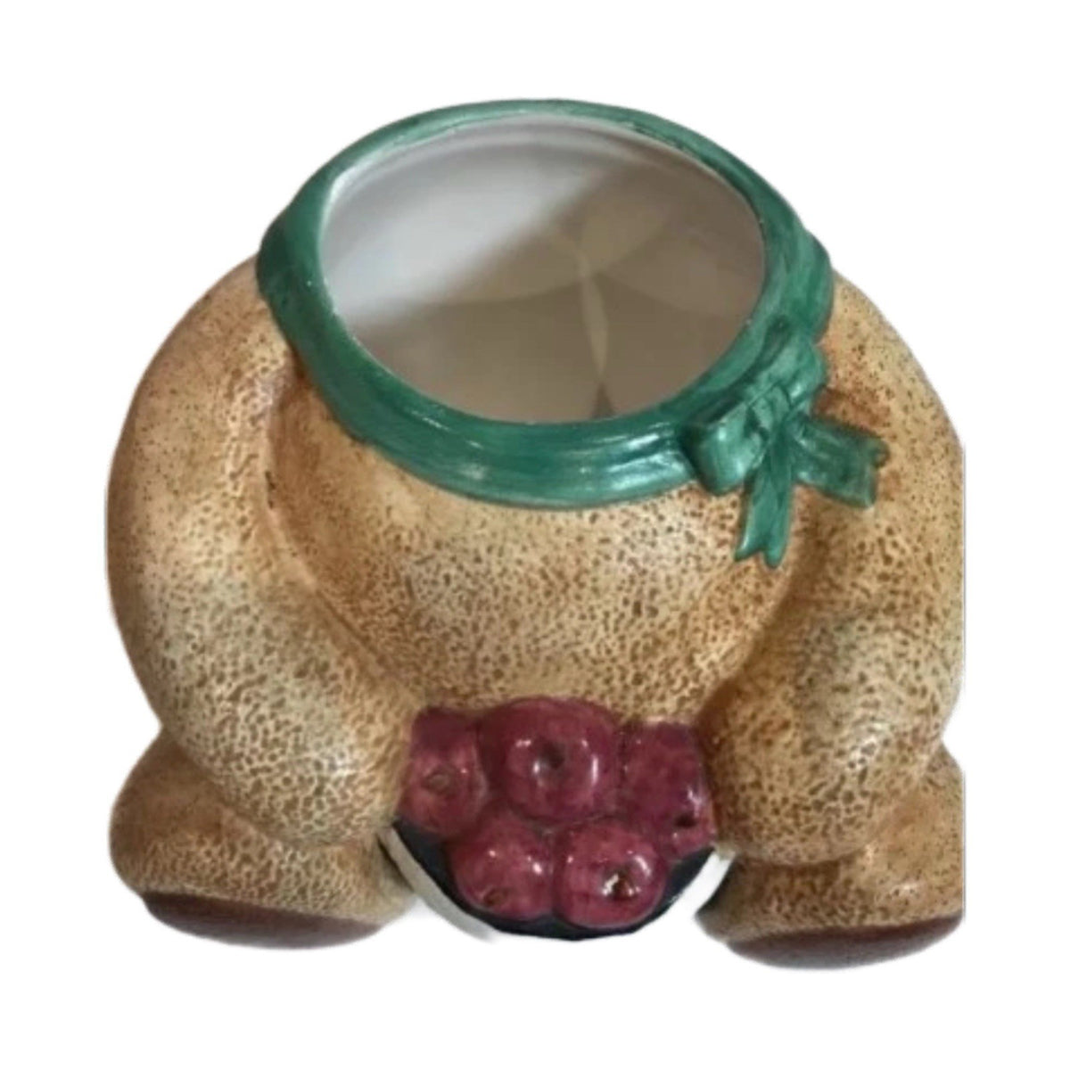 CKRO Teddy Bear Cookie Jar Holding Red Apples Green Scarf Ceramic Vintage 10” H