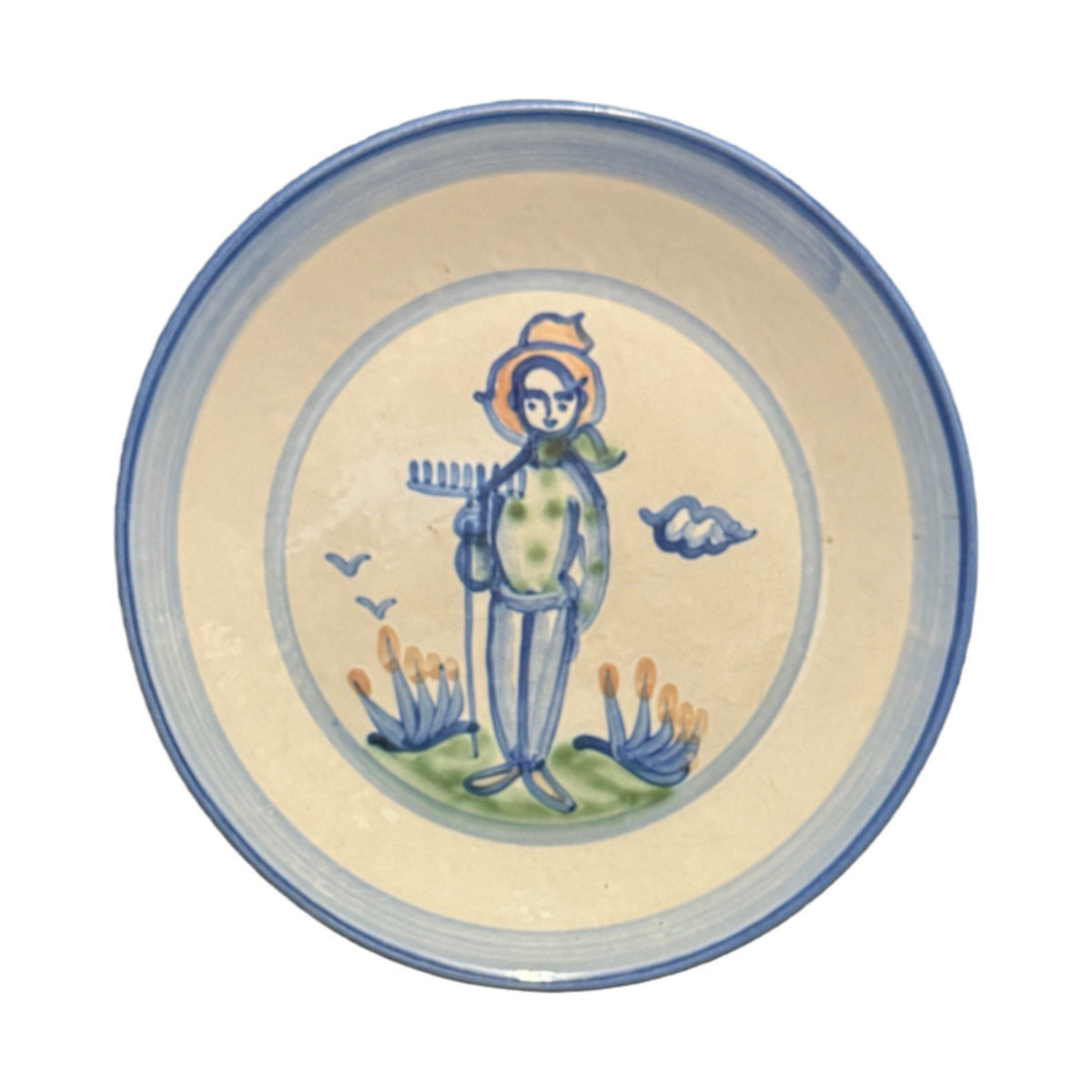 MA Hadley Pottery Plates Set of 2 Farmer Man Woman Hand Painted USA Folk Art