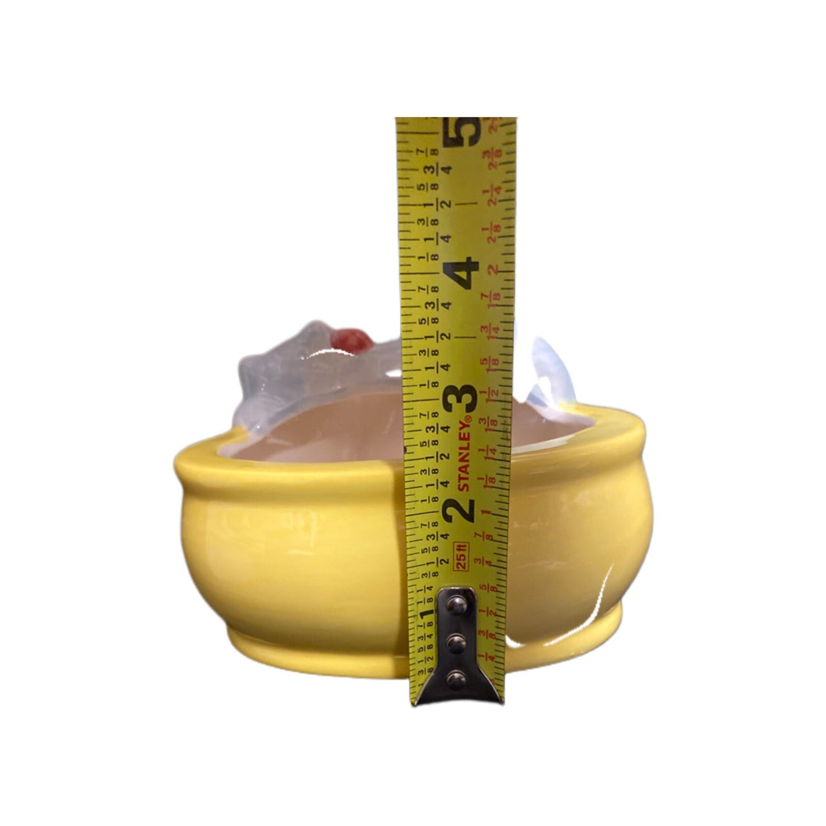 Ceramic Oval Yellow Planter Kitten Sleepy on Edge Cat Bluish Gray Meow Pink Bow