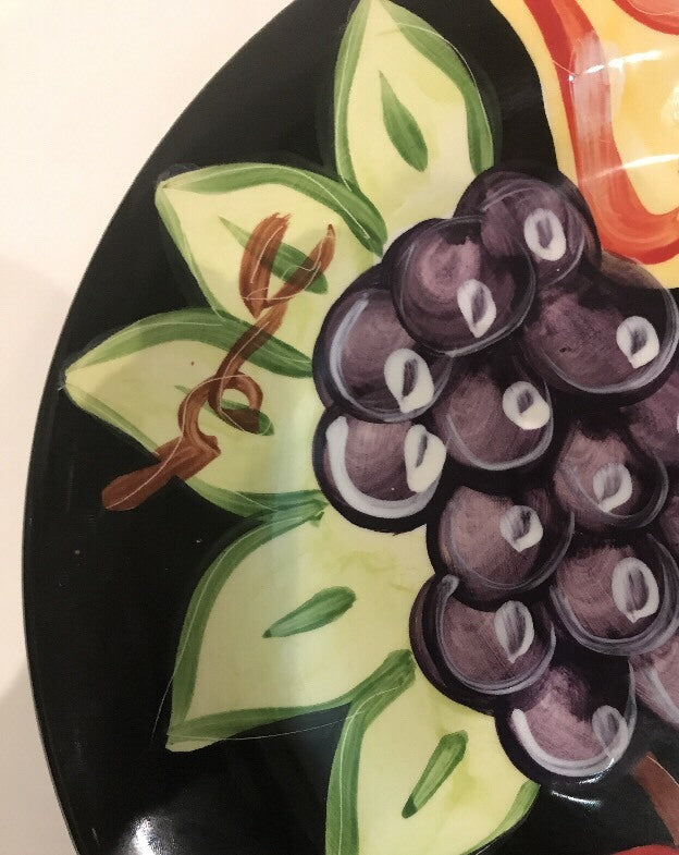 Tabletops Gallery MIDNIGHT Dinner Plate Hand Painted Black Assorted Fruits