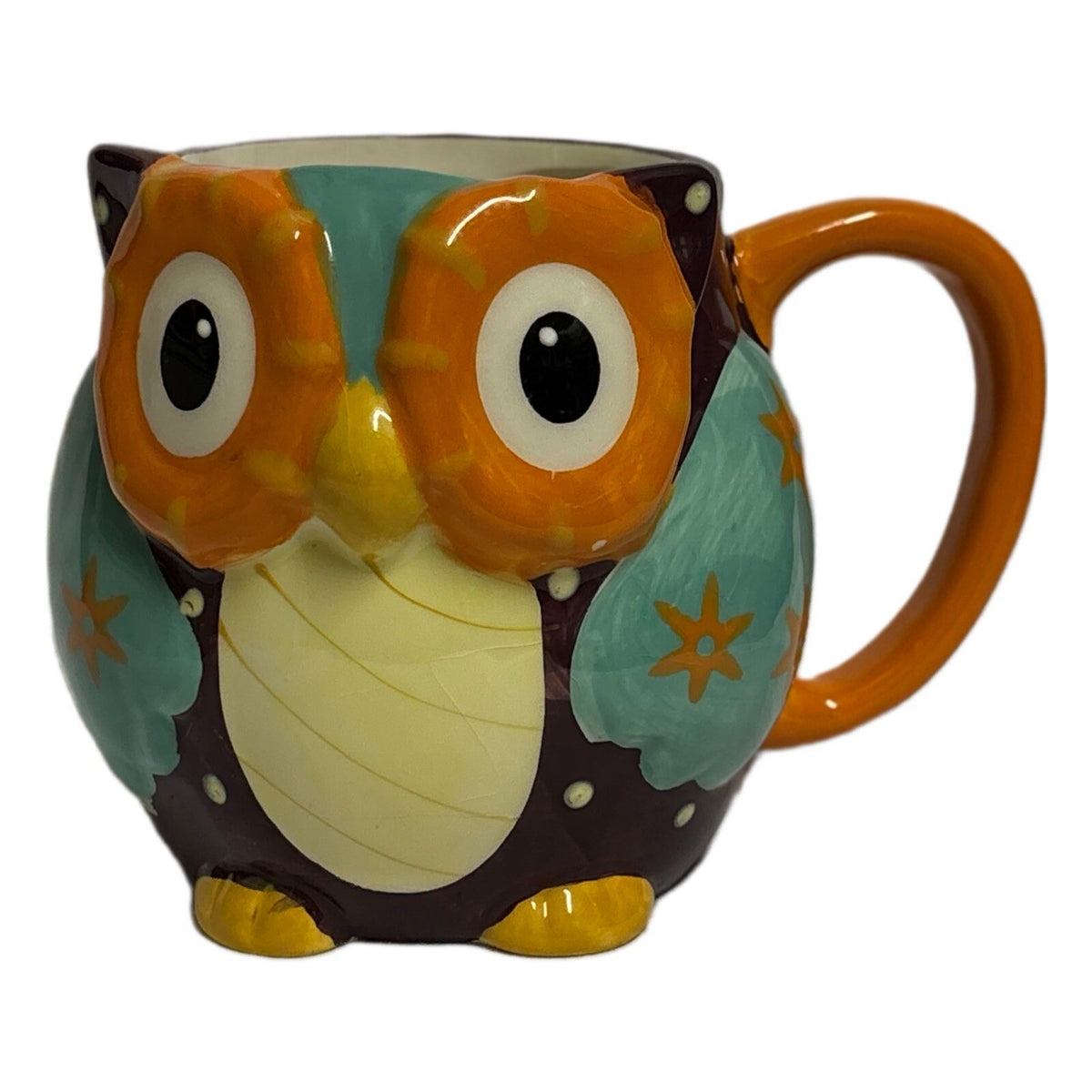 Rustic Barn Owl Mug Ceramic Coffee Tea Cup Orange Handle Black White Dots