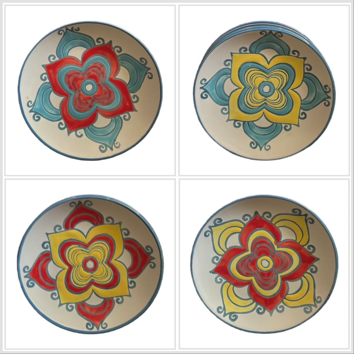 SPECTRUM 4-Appetizer Plates Floral Ceramic Assorted Geometric Designs Dessert