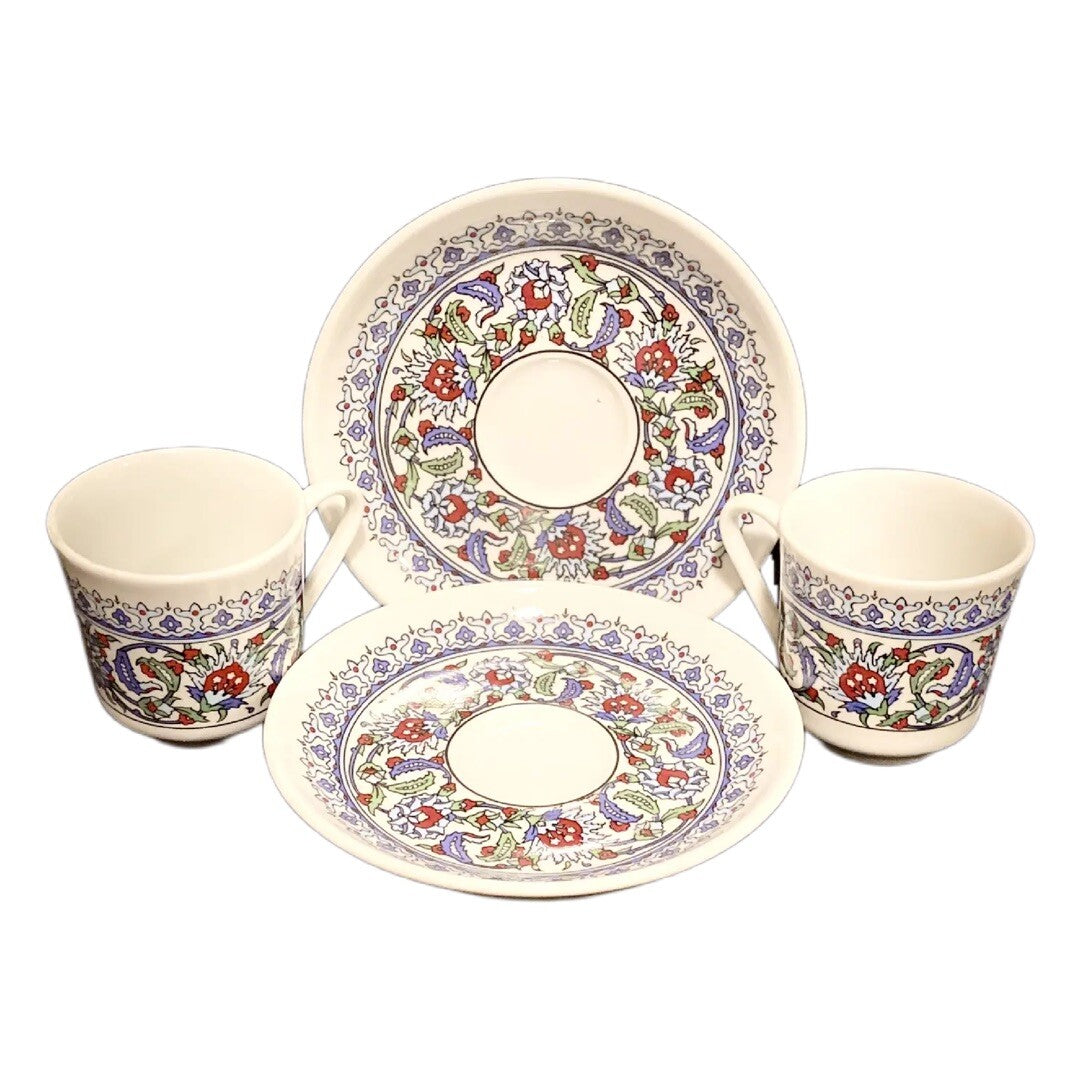 Turkish Coffee Espresso Cups & Saucers Set of 2 Floral Geometric Porcelain