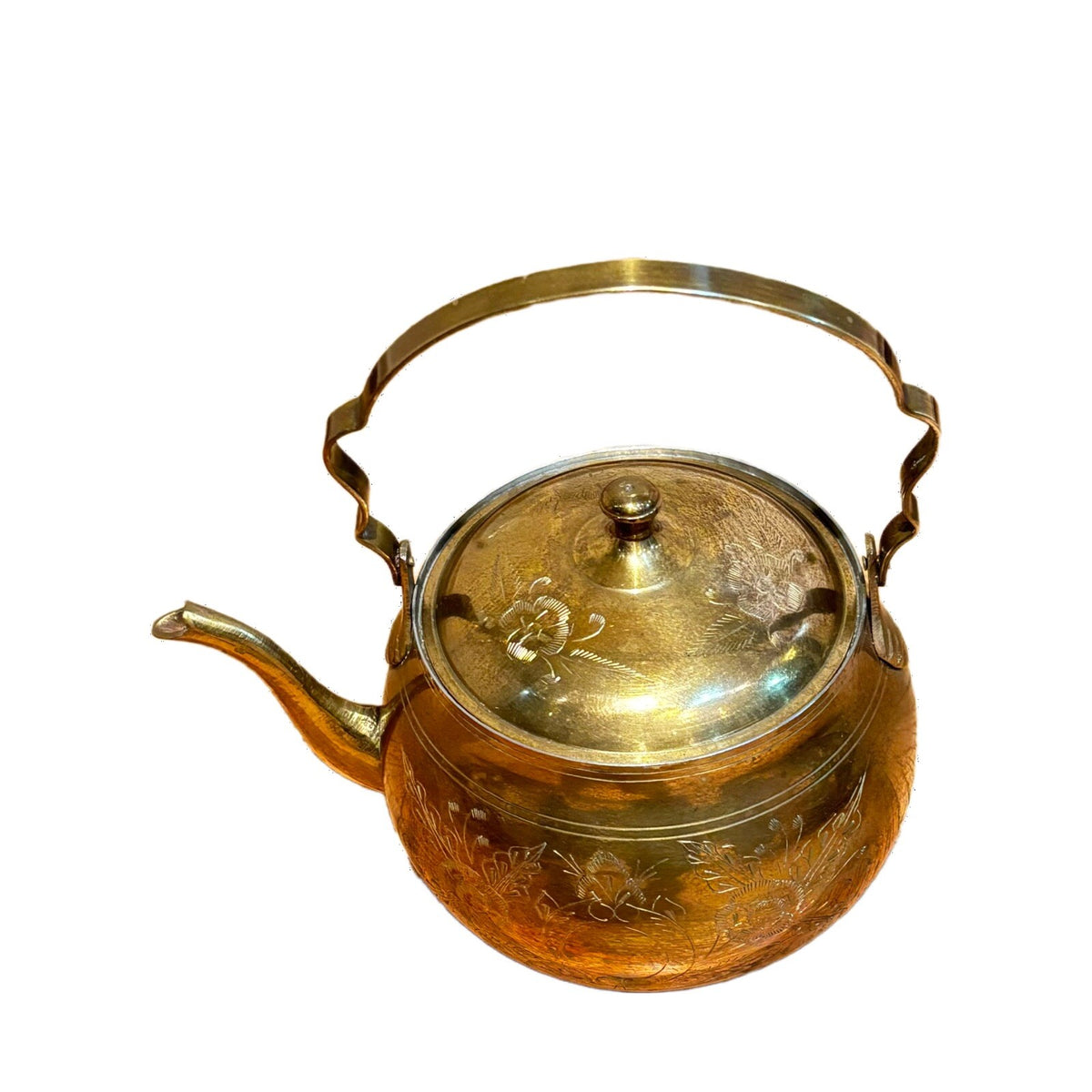 Vintage Solid Brass Teapot Kettle & lid Etched Floral Folding Handle India