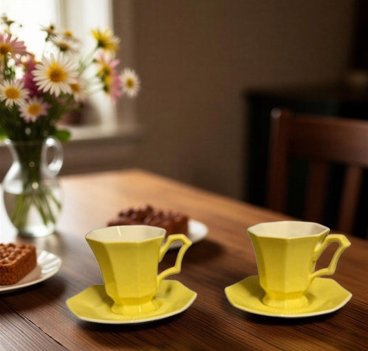 Independence Ironstone Castleton Yellow Demitasse 2-Cups 2-Saucers Japan Set