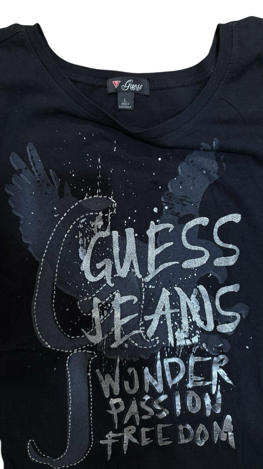 Guess Jeans Women's Black T-Shirt Silver Embellished Wonder Passion Freedom L