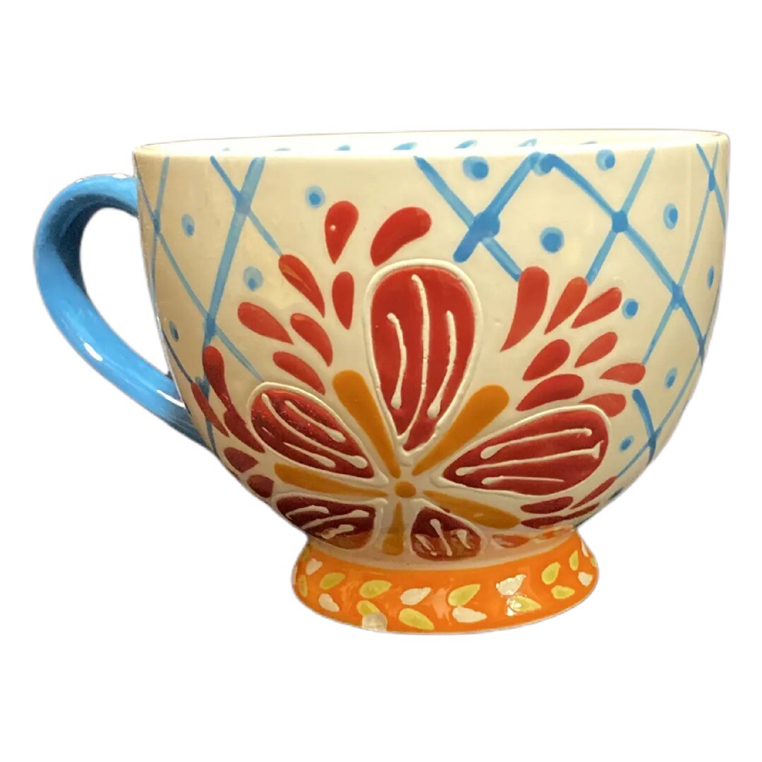 Coastline Imports Artistic Accents Ceramic Floral Coffee Mug Blue Handle Tea Cup