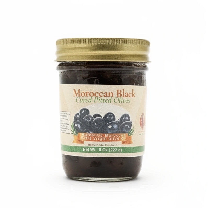 Moroccan Sun Cured Black Olives (No Pits) in Extra Virgin Olive Oil 8 Oz