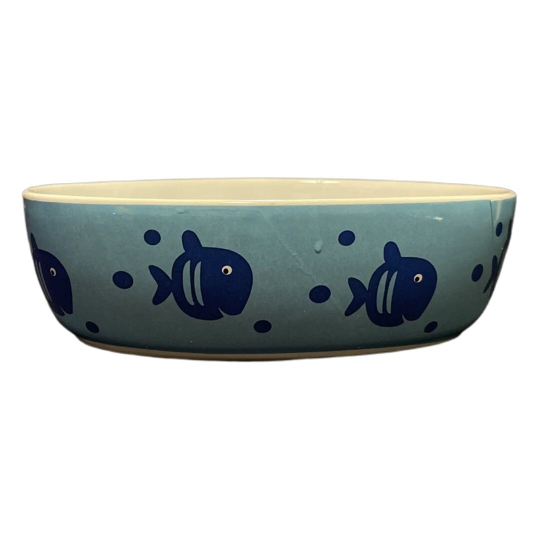 PetRageous Designs Oval Cat Bowl HandCrafted Stoneware Food Water Dish Blue Fish