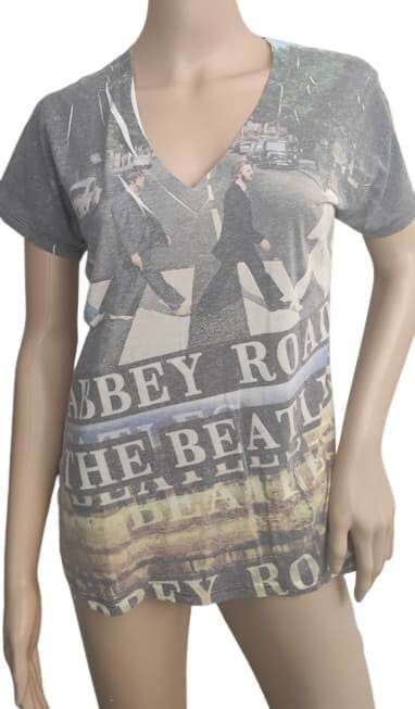 T-Shirt Abbey Road The Beatles L  Woman Gray White Yellow Tee V Neck Top