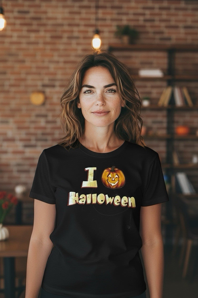 I Love Halloween Pumpkin Graphic Black T-Shirt Girls Size Small 4-6 Cotton
