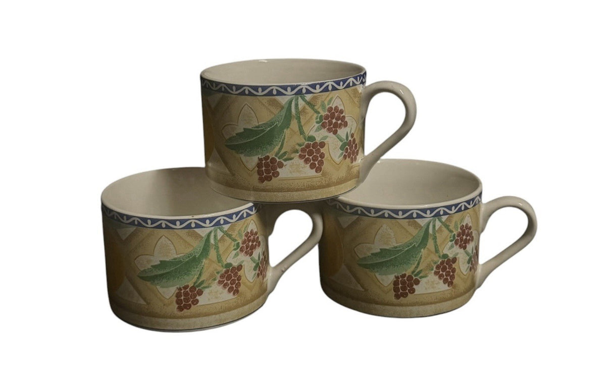 Sango Delight 4869 Set of 3 Coffee Tea Cups Fruit Pattern Stoneware Vintage