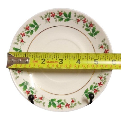 Gibson Everyday CHRISTMAS CHARM 2-Saucer 6" D Holly Berry Charm Gold Rim Trim