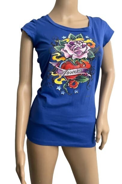Dots T-Shirt Forever Woman Blue Top Cap Sleeves SM. Floral