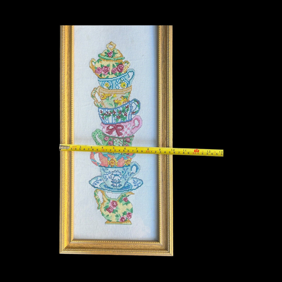 Framed Needlework Stacked Colorful Tea Cups Wall Hanger Cross Stitch