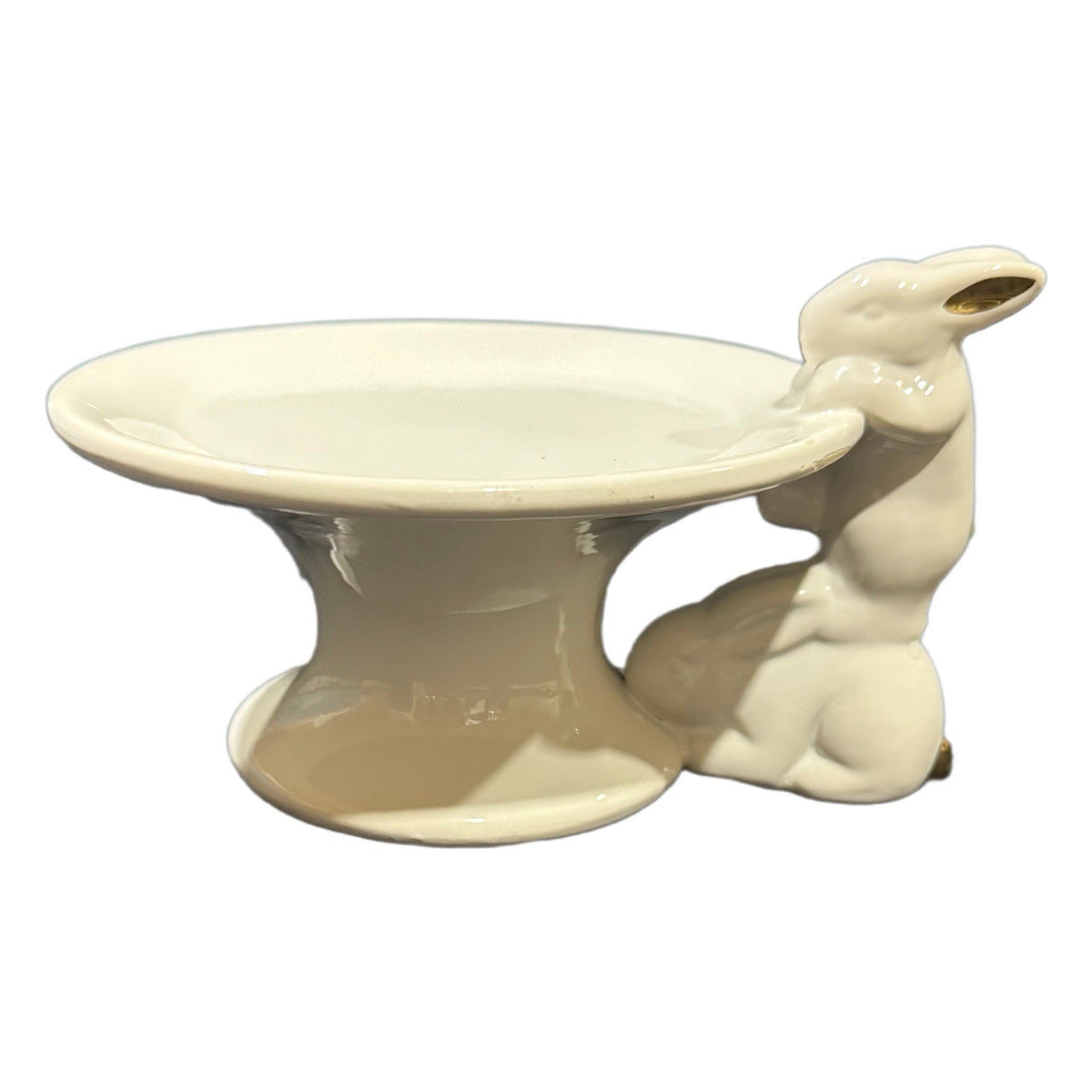 White Ceramic Bunny Pedestal Plate with Gold Ears – Cake Stand or Trinket Dish