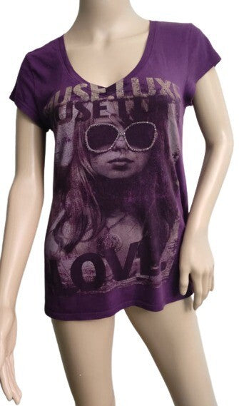 L.O.L. VINTAGE T-Shirt Muse Luxe Love Purple Top V-Neck Short Sleeves MD Tee