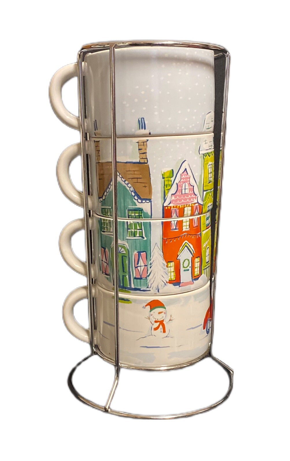 Pier 1 Imports Stackable Mugs Set of 4 Christmas Winter Village Scene w/ Stand