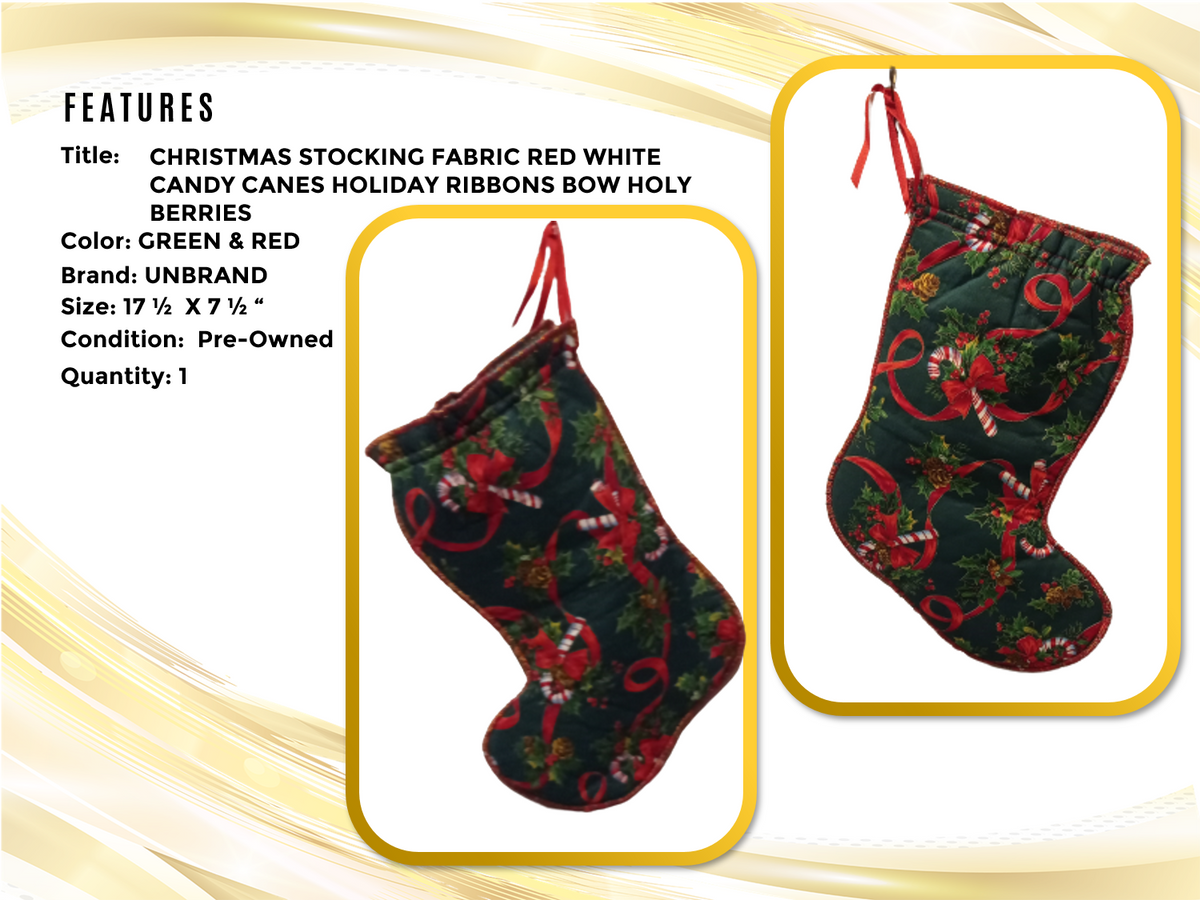 Christmas Stocking Fabric Red White Candy Canes Holiday Ribbons Bow Holy Berries
