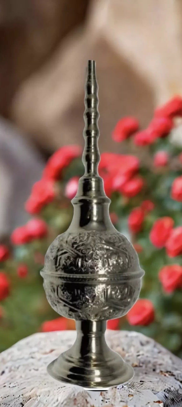 Moroccan Silver Rose Water Sprinkler – Hand Engraved Metal Perfume Bottle