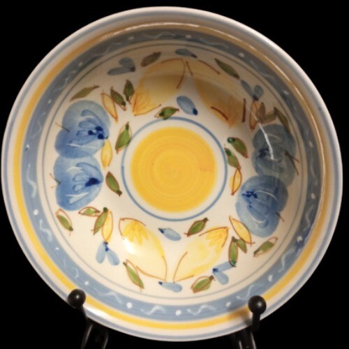 Gibson Designs CONCORDIA 3-Soup Cereal Bowls 5 7/8" D Blue Yellow Bands & Fruits