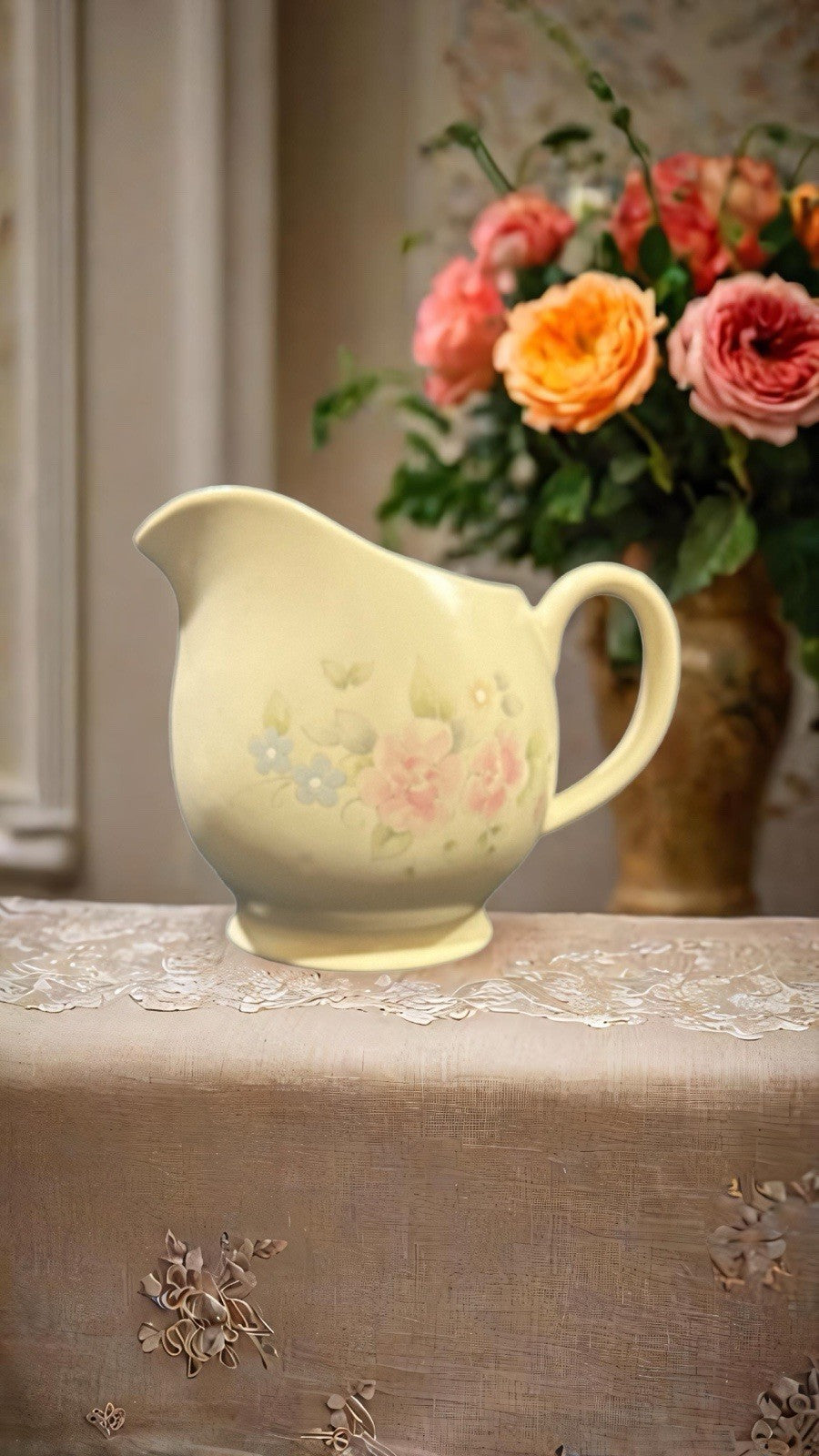 Pfaltzgraff Tea Rose Gravy Boat Pitcher Pink Floral Stoneware Vintage USA