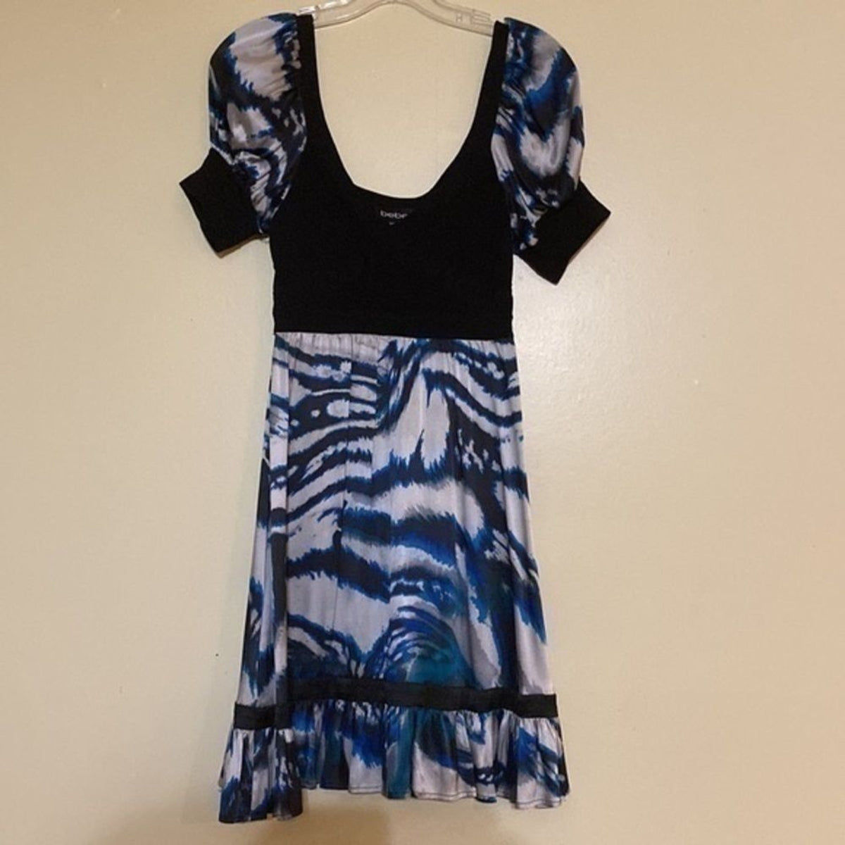 Bebe Puff Sleeve Flare Mini Dress Silk Spandex Small Black Blue 